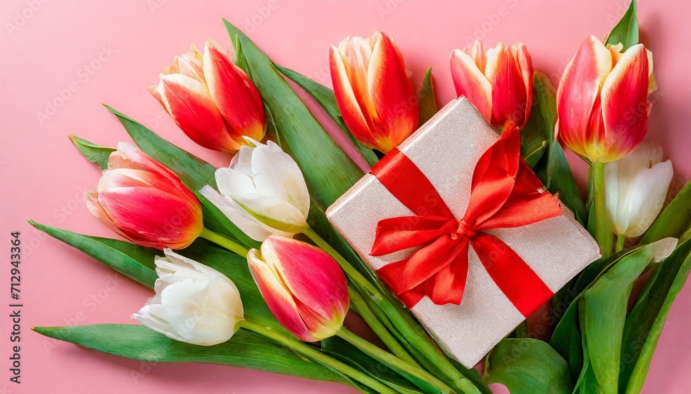 Elegant Affection: Top-Down View of Giftbox and Tulip Bouquet on a Blissful Pink Background