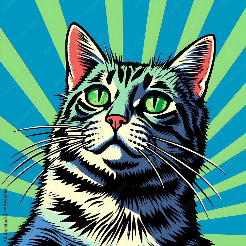 Obraz premium Katze mit intensivem Blick im Strahlenkranz des Pop-Art-Stils