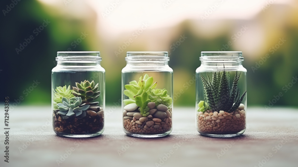 Succulent plants in jars lined up side by side Succulent plants in jars lined up side by side