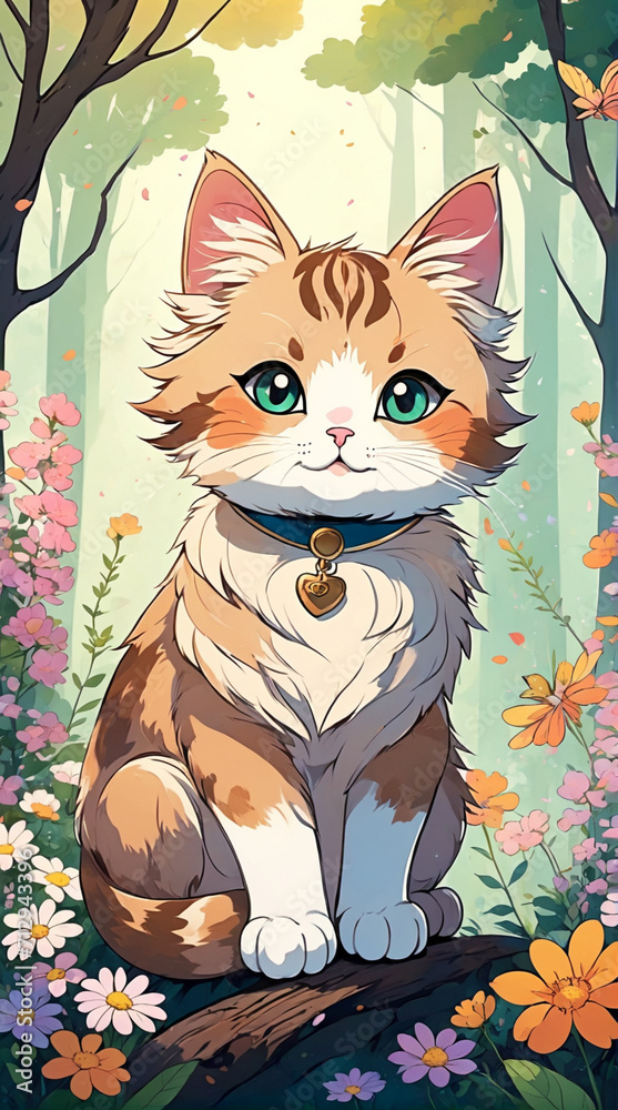 Cute anime cat is in a forest full of flowers. Cute, beautiful and adorable cat wallpapers