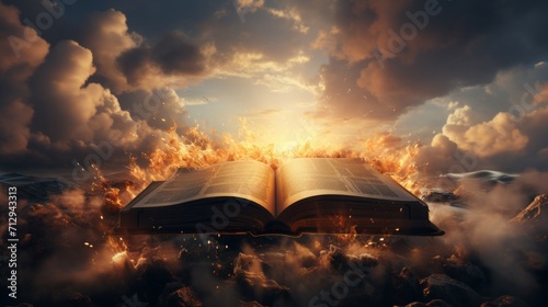 A bible opened with light coming out of it that shines up into the sky, realism