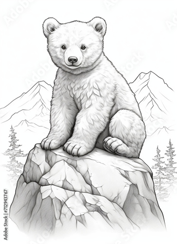 a cute baby bear. sitting on a rock, coloring book, vector art, black and white line art, centered, no shading, symmetrical, low detail, white background Ai generative 