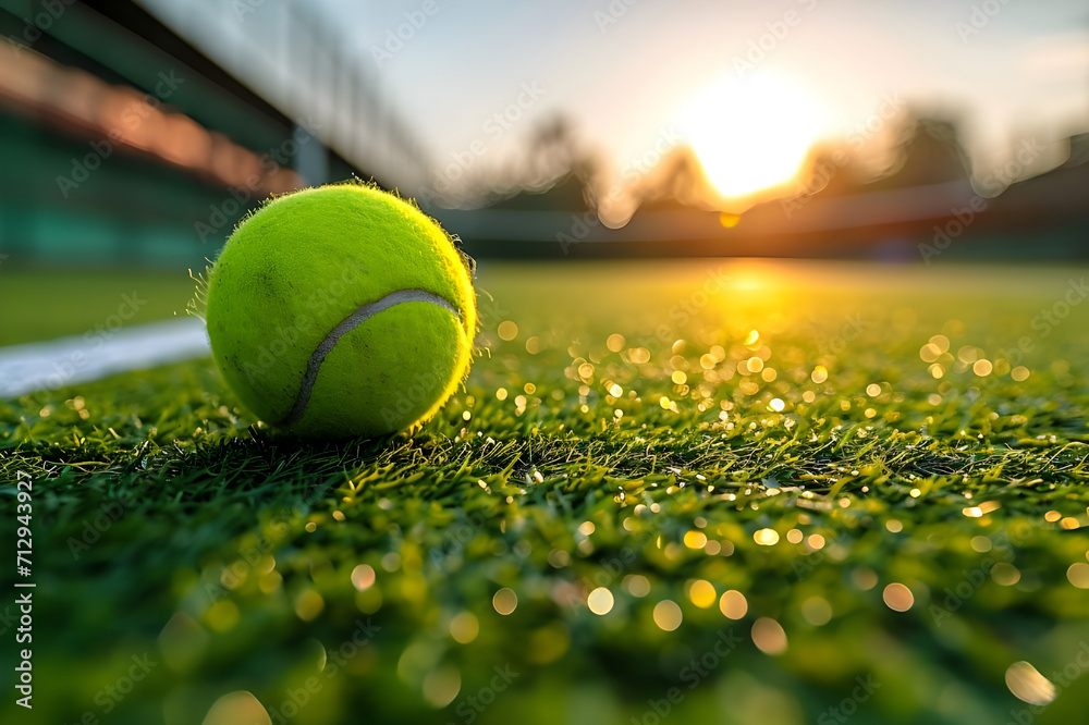 Close-up of a yellow tennis ball on dewy grass with the sun rising in the background.