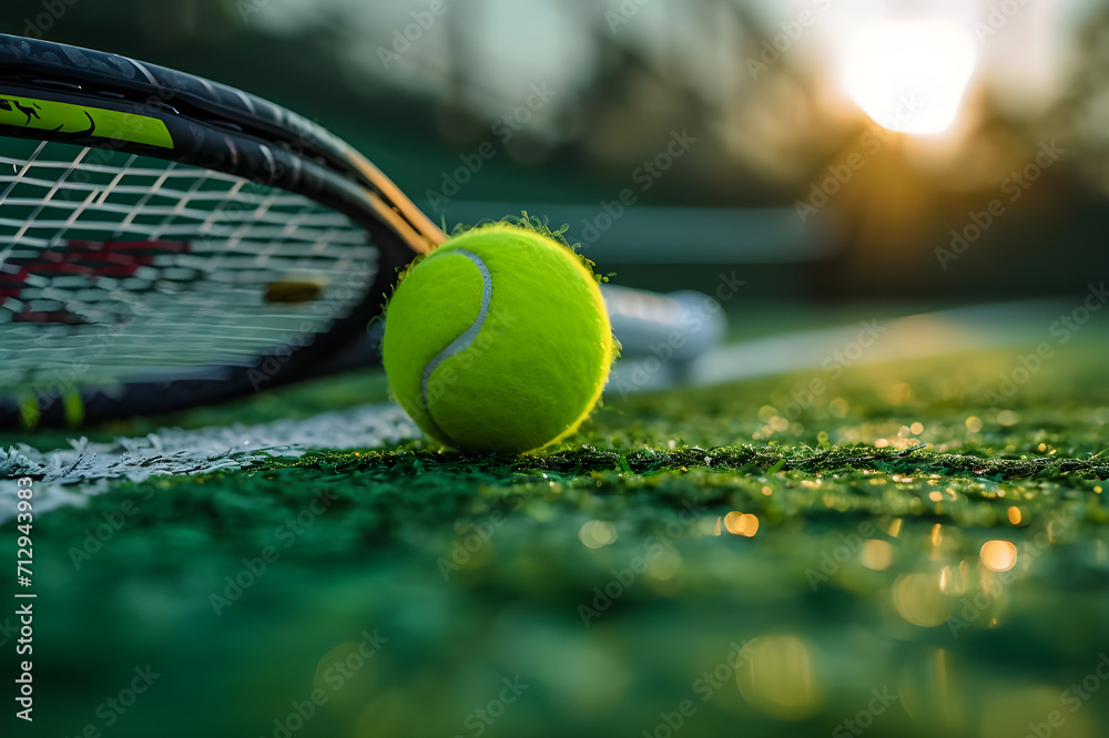 Tennis Ball and Racket on Dewy Court at Sunrise.