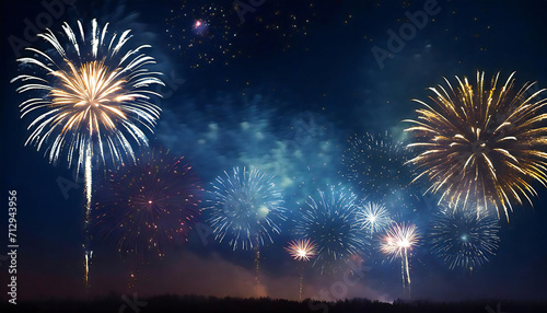 Image illustration of a fireworks display. Multiple bright fireworks shooting up into the night sky.