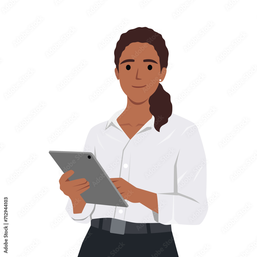 Happy young woman pointing and showing smth with hand. Smiling secretary or businesswoman explaining and presenting. Flat vector illustration isolated on white background Happy young woman pointing and showing smth with hand. Smiling secretary or businesswoman explaining and presenting. Flat vector illustration isolated on white background