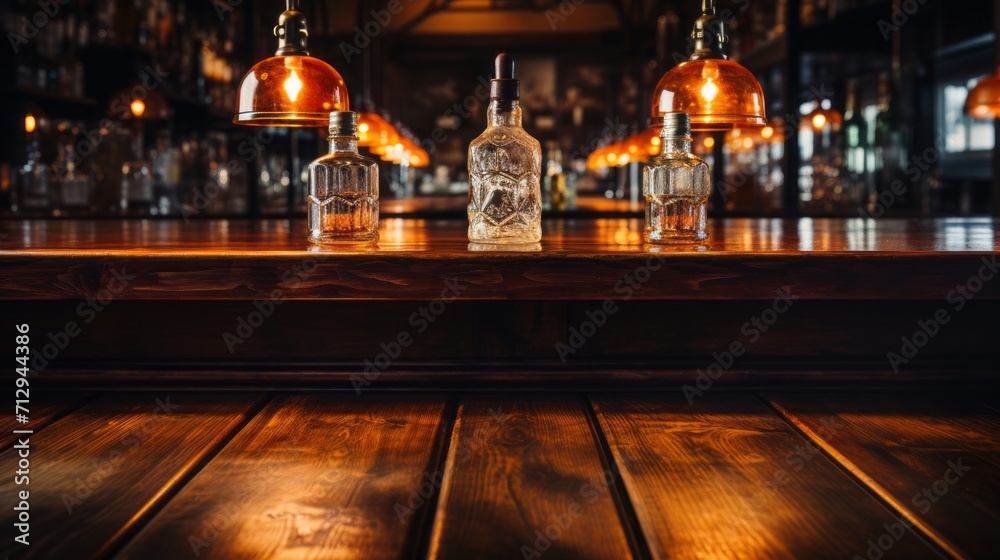 Obraz premium Bar view from front with a bar made of wood, completely clean bar,