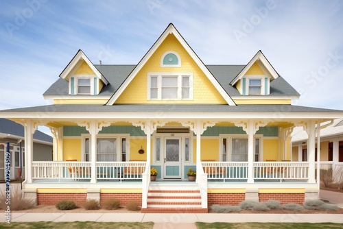 yellow cottage, symmetrical dormers, wraparound porch