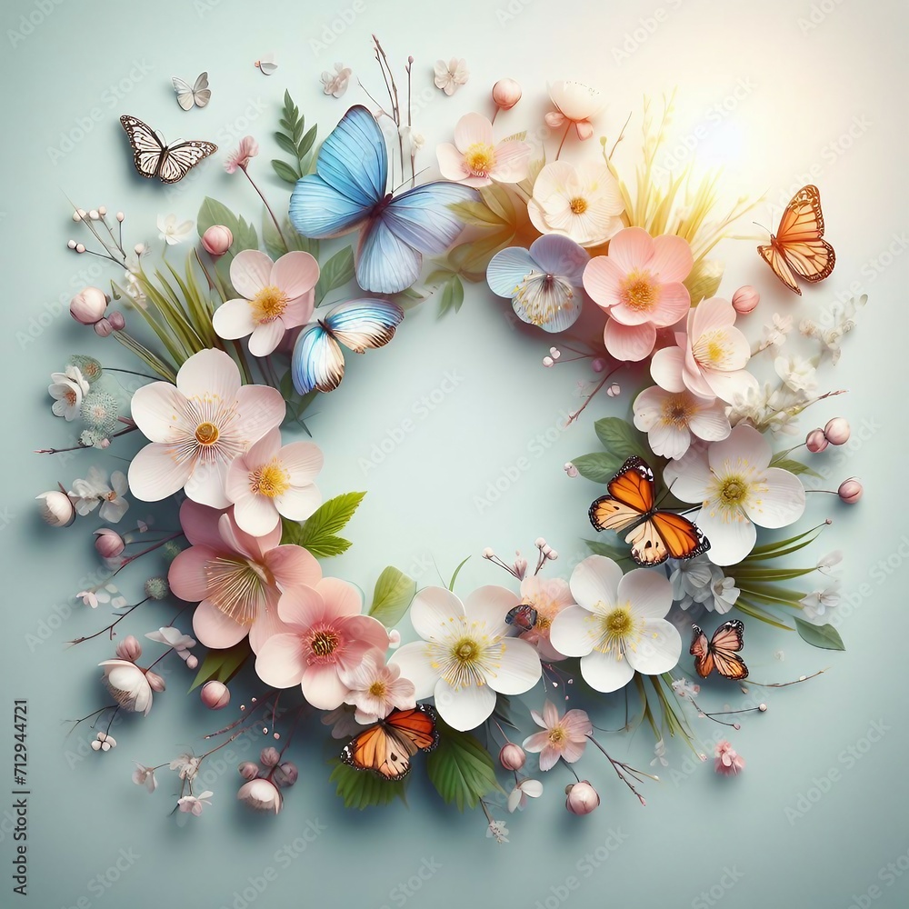 abstract nature spring Background; spring flower and butterfly Greeting circle card design for holiday, Mother's day, Easter, Valentine day. Springtime composition with copy space. Flat lay, top view