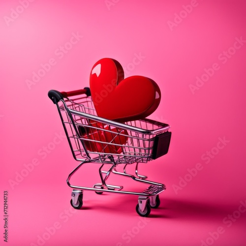 Shopping cart with red heart on pink background