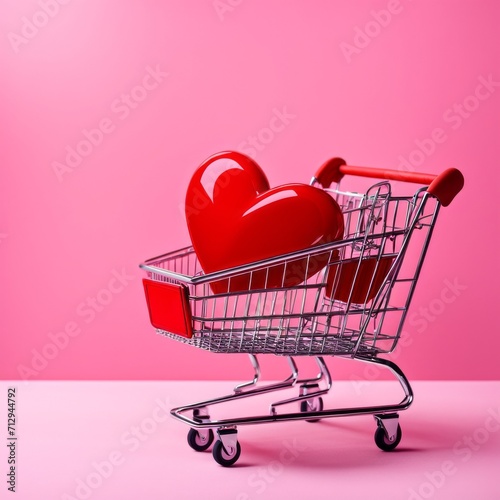 Shopping cart with red heart on pink background