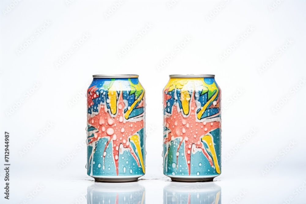 aluminum cans with a water droplets effect, displayed on a white surface aluminum cans with a water droplets effect, displayed on a white surface