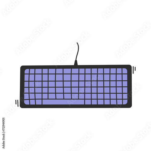 Colorful computer keyboard. Hand drawn vector illustration with purple buttons and wire. Doodle style. Office, gaming, writing, typing concept design