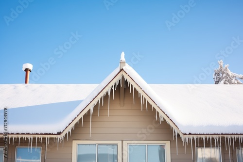 snowcovered aframe roof with extended icicle formations photo