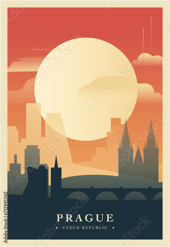 Prague city brutalism poster with abstract skyline, cityscape retro vector illustration. Czech Republic travel front cover, brochure, flyer, leaflet, business presentation template image photo