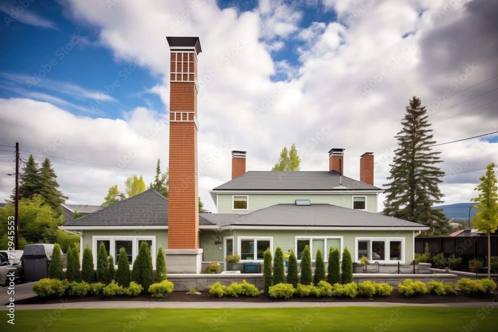 Fototapeta premium dual chimneys framed by lush green landscaping