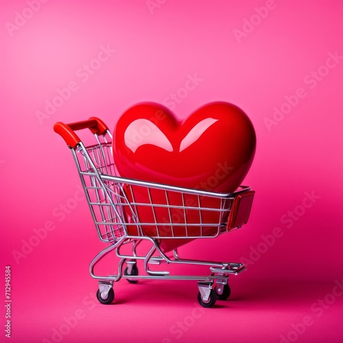 Shopping cart with red heart on pink background