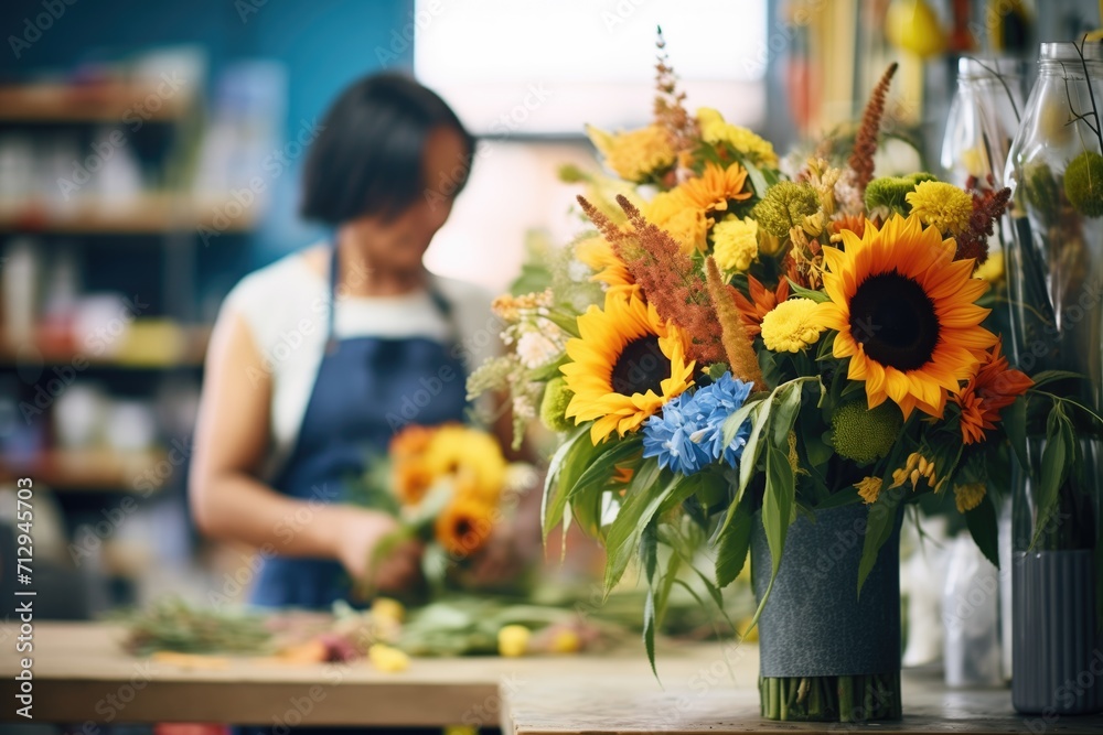 bright sunflowers being sorted by a florist in a shop