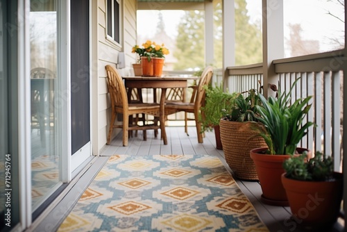 patterned rug and potted plants on a porch