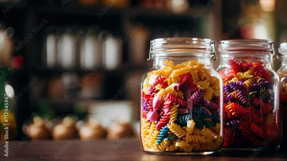 Closeup of a mason jar filled with colorful dried pasta for use in place of plastic packaging. Closeup of a mason jar filled with colorful dried pasta for use in place of plastic packaging.