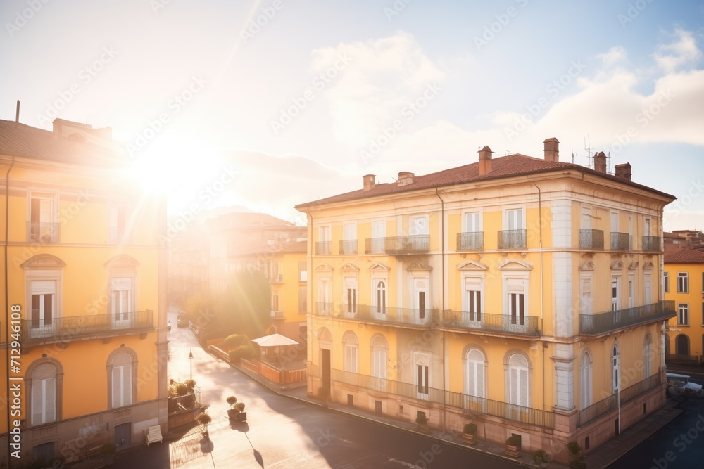 italianate buildings belvedere backlit by the golden hours sun rays - obrazy, fototapety, plakaty 
