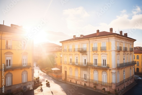 italianate buildings belvedere backlit by the golden hours sun rays photo