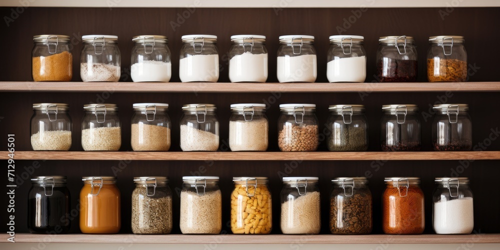 Organized kitchen shelves for storing bulk products, including a jar for various ingredients like sugar and grains.