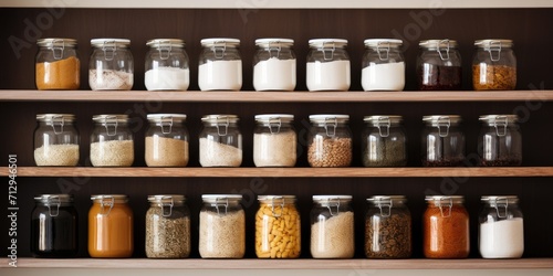 Organized kitchen shelves for storing bulk products, including a jar for various ingredients like sugar and grains.