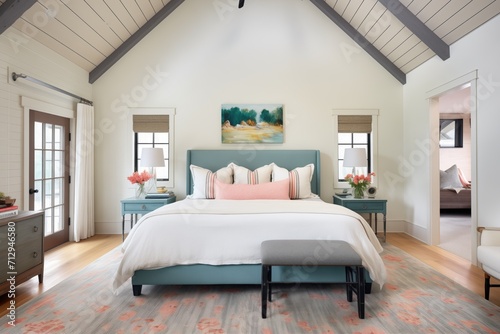 luxurious farmhouse bedroom, metal roof, plush bedding