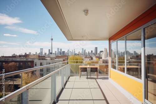 city penthouse with flat roof and sleek railings photo