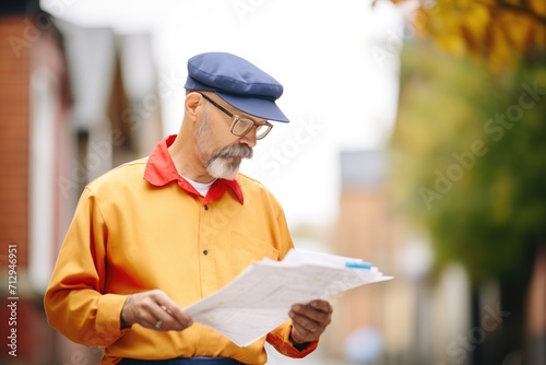 postman wearing a cap scans a delivery notice