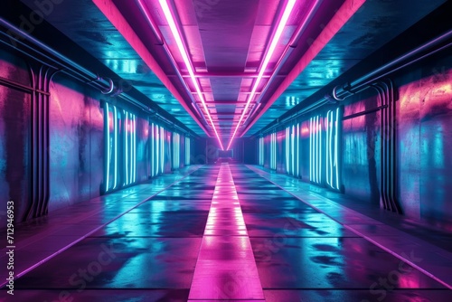 illustration of abstract background of futuristic corridor with purple and blue neon lights. Generative AI photo