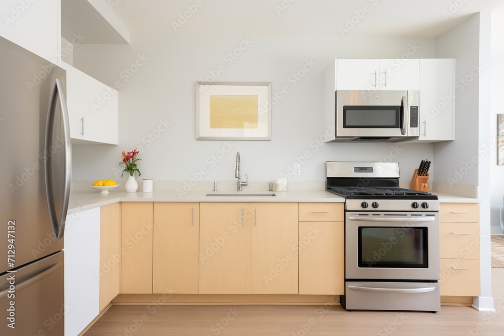 minimalist kitchen, asymmetrical cabinets, stainless steel appliances minimalist kitchen, asymmetrical cabinets, stainless steel appliances