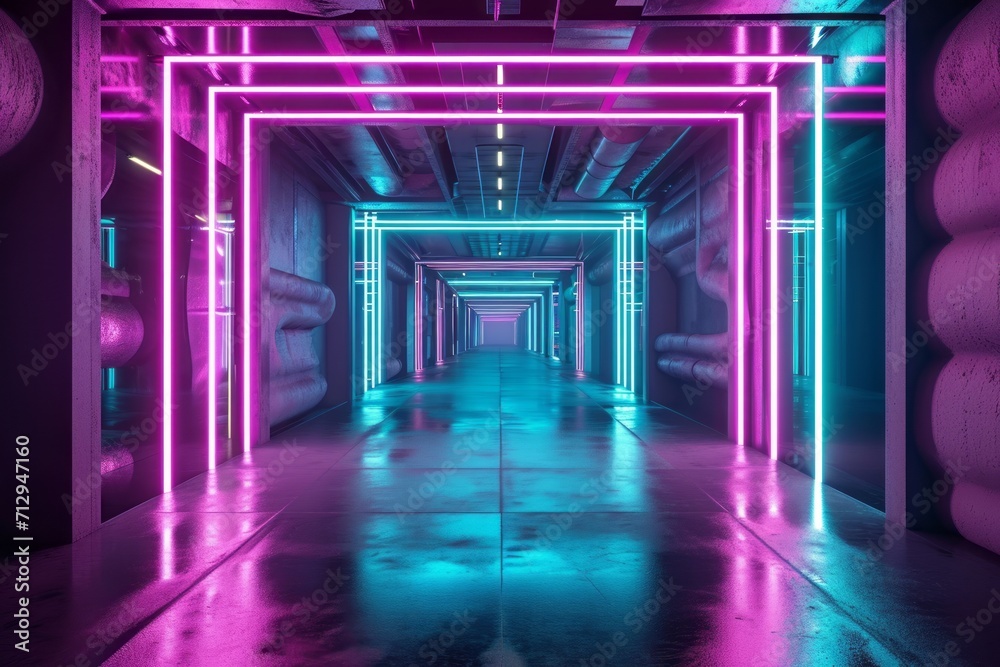 illustration of abstract background of futuristic corridor with purple and blue neon lights. Generative AI