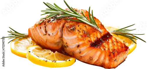 Pan-fried salmon with rosemary and lemon isolated on transparent background. PNG