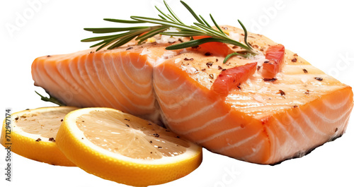 Pan-fried salmon with rosemary and lemon isolated on transparent background. PNG