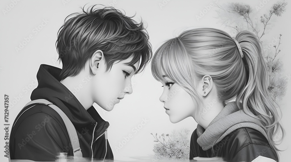 A captivating black and white illustration of a couple, gazing into each other's eyes, evoking romance and passion. Perfect for a Valentine's Day concert. A captivating black and white illustration of a couple, gazing into each other's eyes, evoking romance and passion. Perfect for a Valentine's Day concert.