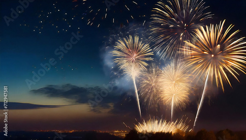Image illustration of a fireworks display. Multiple bright fireworks shooting up into the night sky. photo