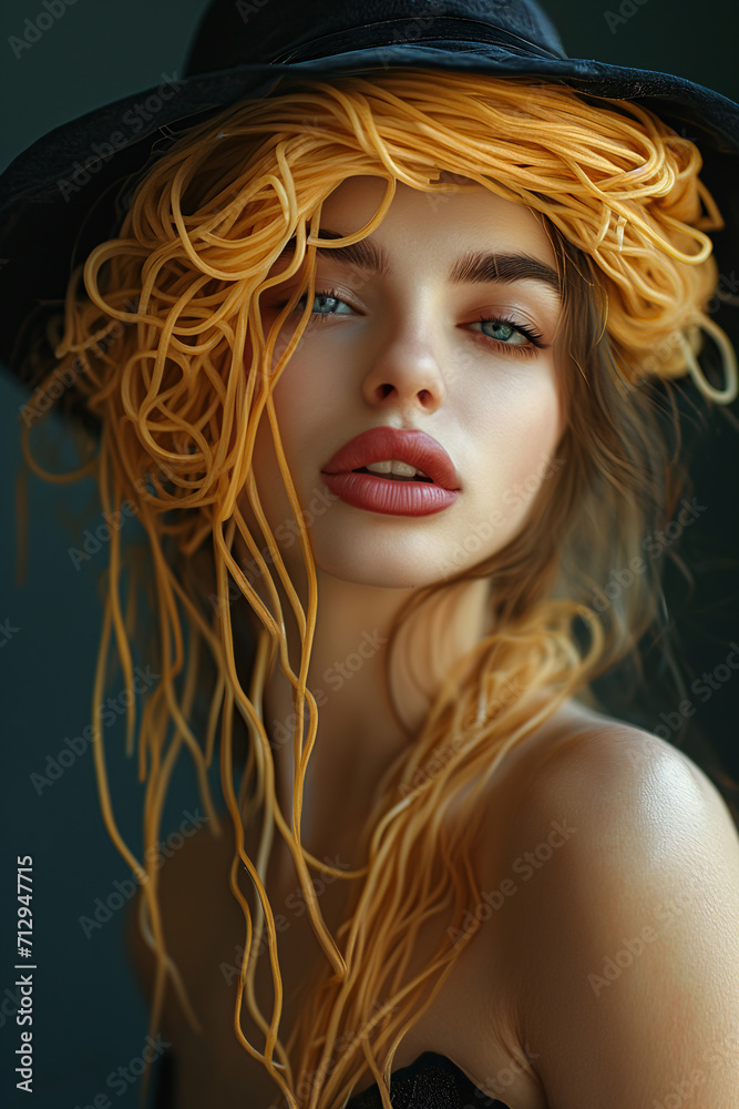 Woman with spaghetti on her head. A stunning model strikes a pose in a photo shoot, with long hair cascading over a spaghetti hat as she confidently wears a unique fashion accessory Woman with spaghetti on her head. A stunning model strikes a pose in a photo shoot, with long hair cascading over a spaghetti hat as she confidently wears a unique fashion accessory