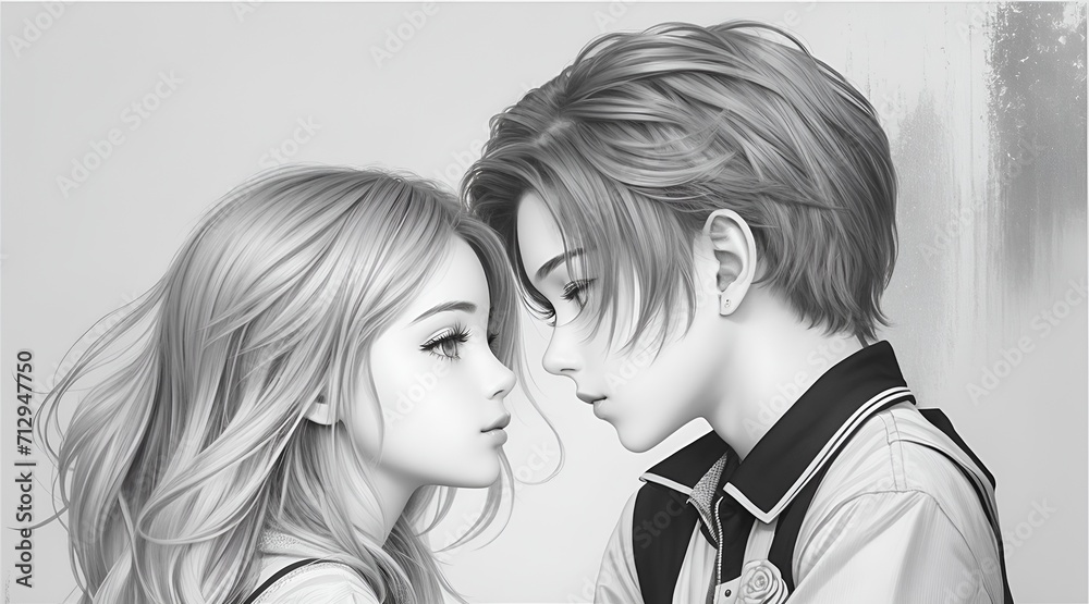 A couple's affectionate gaze is beautifully depicted in this black and white drawing, reminiscent of a Valentine's Day concert illustration. A couple's affectionate gaze is beautifully depicted in this black and white drawing, reminiscent of a Valentine's Day concert illustration.