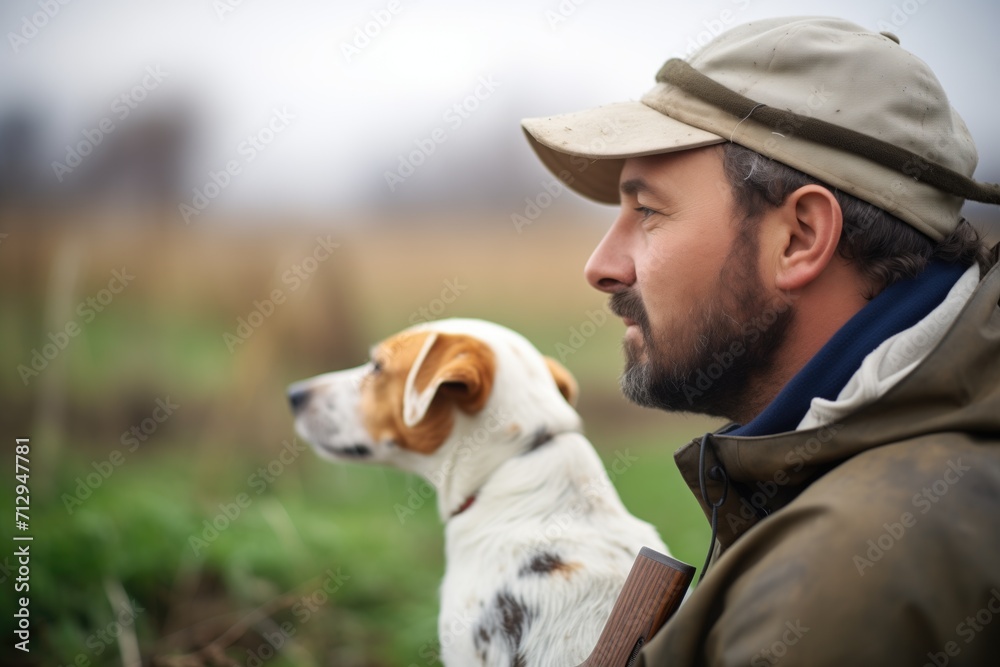 profile of focused hunter with truffle dog profile of focused hunter with truffle dog