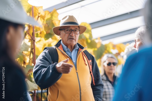 tour guide at a vineyard explaining grape varieties to visitors photo