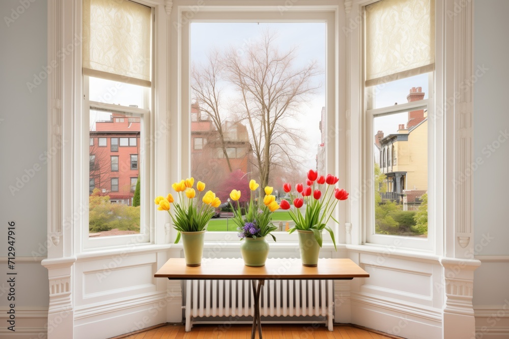 victorian architecture, bay window with spring blooms