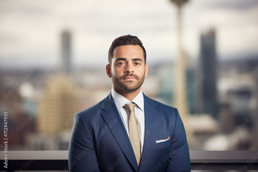 real estate professional with cityscape backdrop