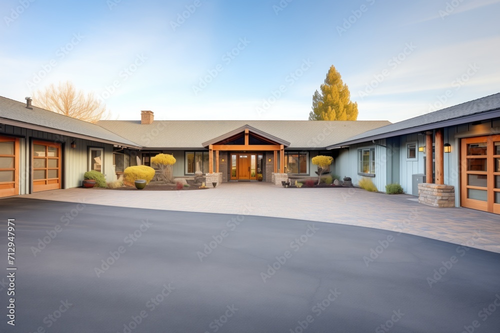 ranch entrance with a double garage and a paved driveway - obrazy, fototapety, plakaty 