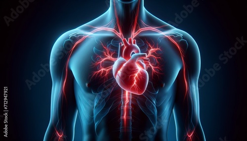 Human torso and chest with painful expression. Severe heartache, having heart attack or painful cramps, heart disease. photo