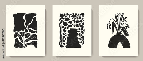 Trendy modern abstract botanical minimalist wall art, interior decoration. Contemporary floral poster, flower card design. Collage art style natural background. Flat graphic vector illustration