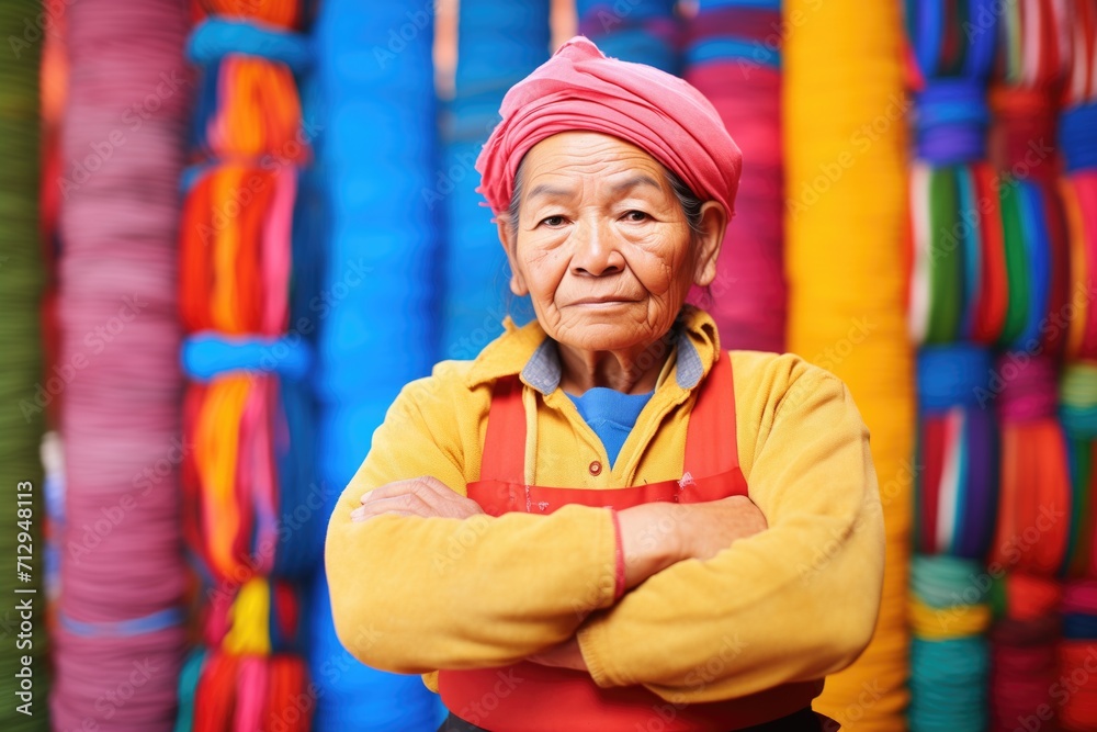 portrait of a yarn dyer with arms folded, colorful background