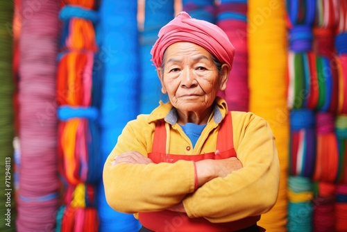 portrait of a yarn dyer with arms folded, colorful background photo