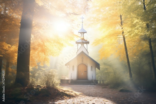Foto chapel in a forest clearing with rays of sunlight